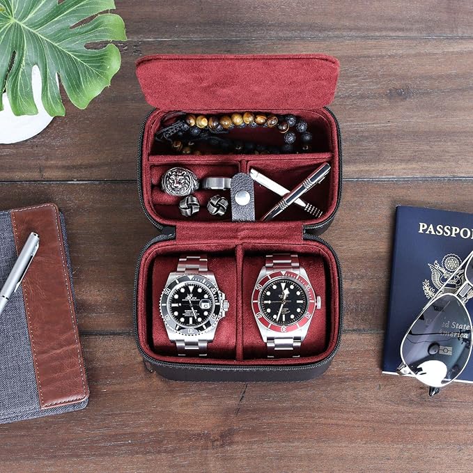 ROTHWELL Gift Set 6 Slot Leather Watch Box and 2 Watch Travel Case - Luxury Case Organizer, Microsuede Liner, Locking Mens Jewelry Watches Holder, Storage Boxes Glass Top (Black/Red Gift Set)
