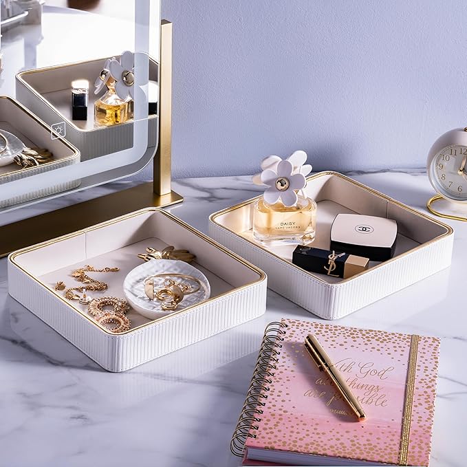 ZHEM Catch All Trays for Jewelry| Small Leather Valet Tray| Key Bowl for Entryway Table EDC Trinket Tray Catch All| Perfume Trays for Dresser Organizer Perfume Holder (White 8"x8"x1.8" 2 Pack)