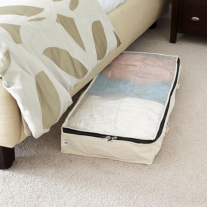 Household Essentials Cedarline Under Bed Storage Bag, Heavy-Duty Cotton Canvas, Textured PEVA Top with Durable 3-Sided Zipper, Front Handles, Foldable, Space-Saving, Natural