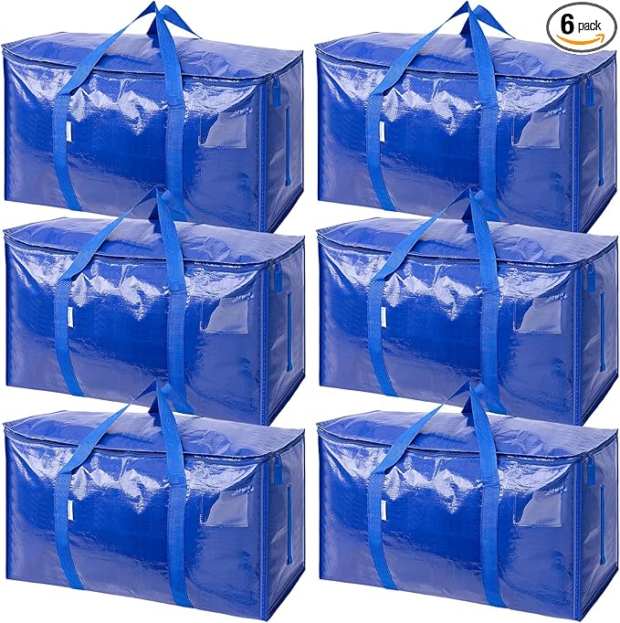 TICONN 6 Pack Extra Large Moving Bags with Zippers & Carrying Handles, Heavy-Duty Storage Tote Moving Boxes for Space Saving (6 PK, 30 Gallon)