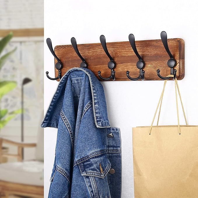 SKOLOO Rustic Wall Mounted Coat Rack: 16" Hole to Hole, Pine Real Wood Plank Wall Coat Rack with 5 Triple Hooks, Farmhouse Coat Hanger Wall Mount for Hanging Backpack Jacket Coat Hat,Pack of 2