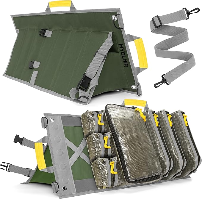 Roll Up Tool Bag Organizer With Kickstand - Compact Heavy Duty Motorcycle Tool Roll Bag Organizer - Portable Rollup Toolbag With Magnetic Panels & Transparent Pockets - Mechanic & Electrician