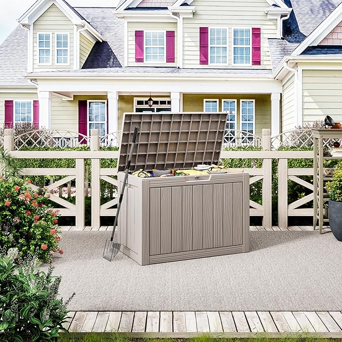 50 Gallon Outdoor Storage Box, Resin Deck Boxes Outdoor Waterproof For Patio Furniture, Garden Tools, Pool Supplies, Lockable And UV Resistant (Striped Gray)