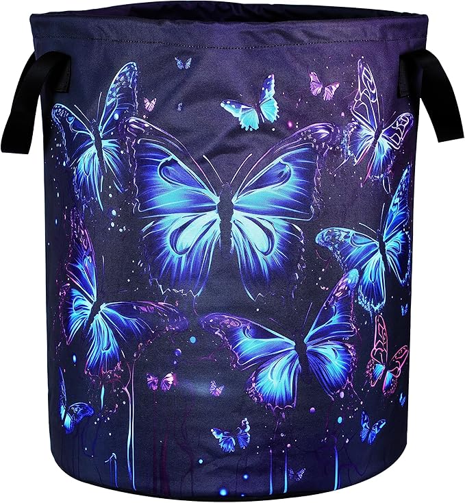 Blue Purple Butterfly Laundry Basket Insect Foldable Oxford Cloth Funny Tote Bag Laundry Hamper Clothes Storage Bucket Organizer For Bathroom/Laundry Storage/Bedroom 17.7x13.7Inch
