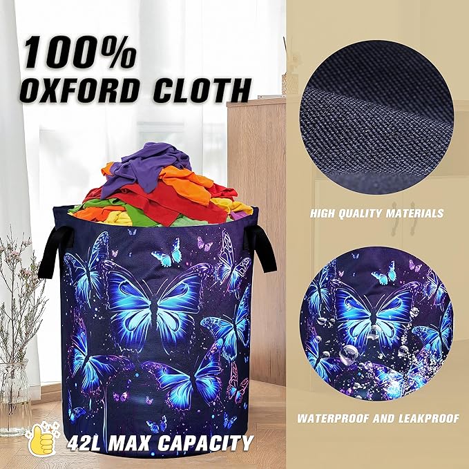 Blue Purple Butterfly Laundry Basket Insect Foldable Oxford Cloth Funny Tote Bag Laundry Hamper Clothes Storage Bucket Organizer For Bathroom/Laundry Storage/Bedroom 17.7x13.7Inch