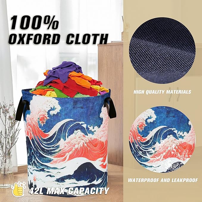 Ocean Wave Laundry Basket Japanese Style Foldable Oxford Cloth Tote Bag Laundry Hamper Clothes Storage Bucket Organizer For Bathroom/Laundry Storage/Bedroom Storage Basket 17.7x13.7Inch