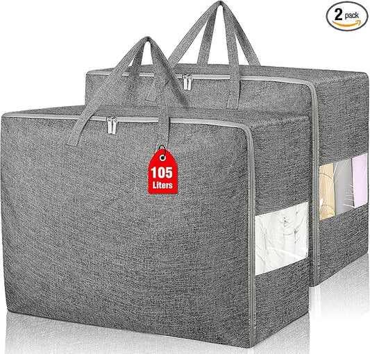 2Pack 105L Extra Large Storage Bags, Folding Comforter Blanket Storage Bags Closet Organizers and Storage Containers with Strong Handles&Zippers Clear Window for Clothes Bedding Pillow, Black