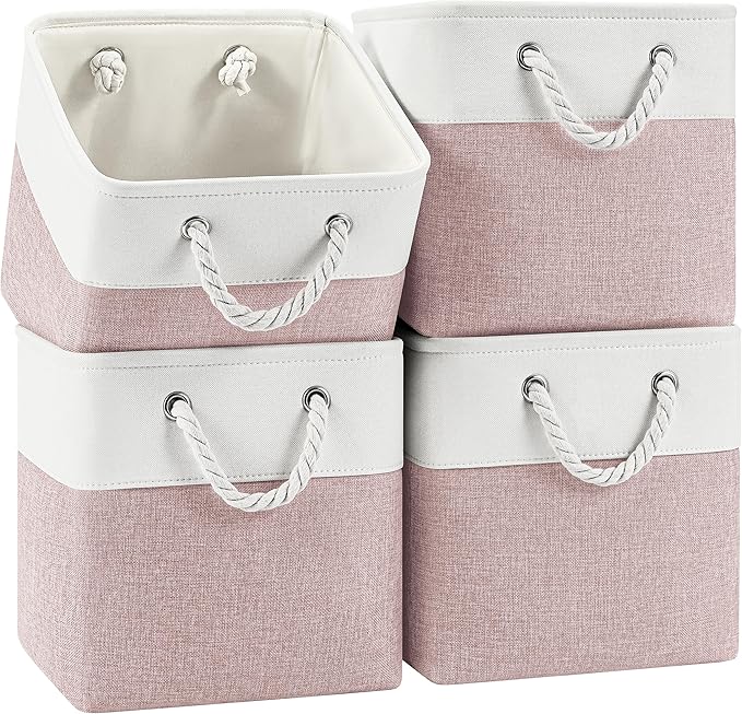 11 Inch Storage Cubes 4-Pack, Foldable Fabric Organizer Bins with Rope Handles, Cube Storage Baskets for Closet Shelves and Home Organization(White/Pink)