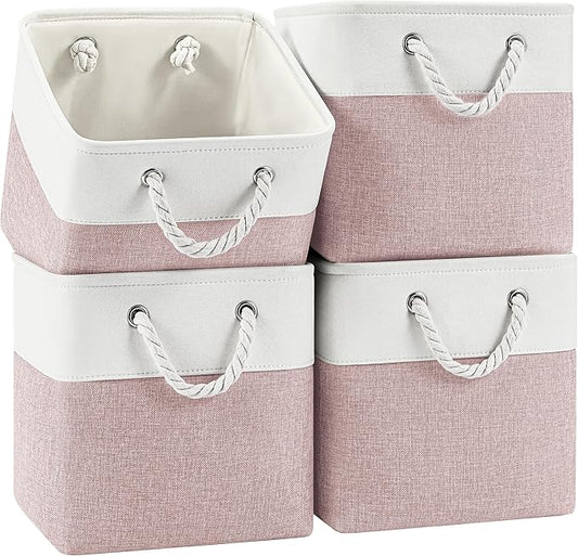 11 Inch Storage Cubes 4-Pack, Foldable Fabric Organizer Bins with Rope Handles, Cube Storage Baskets for Closet Shelves and Home Organization(White/Pink)