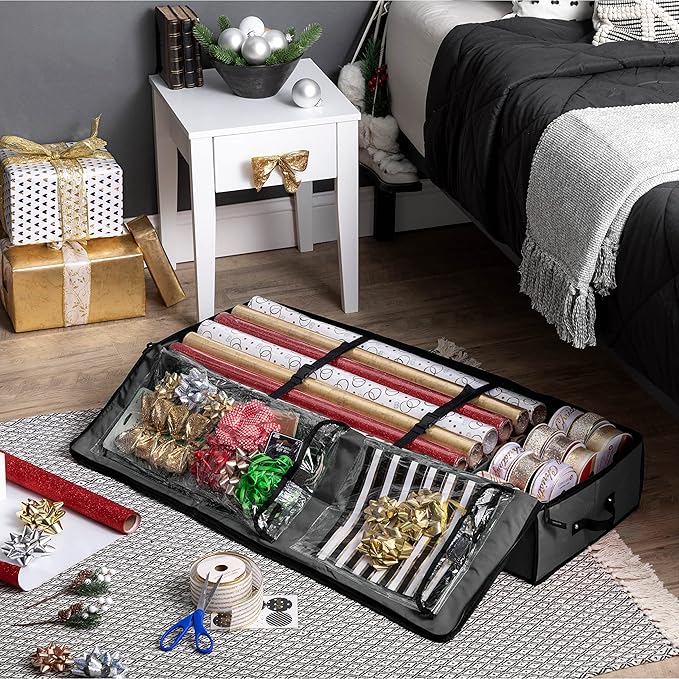 ZOBER Gift Wrapping Paper Organizer Storage - 40" Gift Wrap Storage Containers with Interior Pockets for Bows, Tags & Ribbons - Wrapping Paper Holder, 600D Oxford, Fits 24 Standard Rolls, Gray/Black