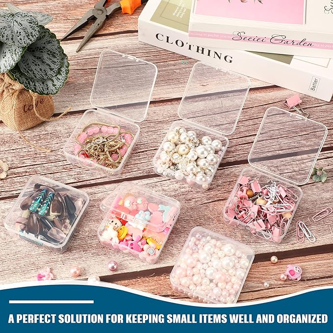 Menkxi 100 Pcs 2.8 x 2.8 x 1 Inch Plastic Bead Storage Containers Box Transparent Boxes with Hinged Lid Clear Bead Organizer Box for Small Items DIY Craft Jewelry Hardware Business Cards Game Pieces