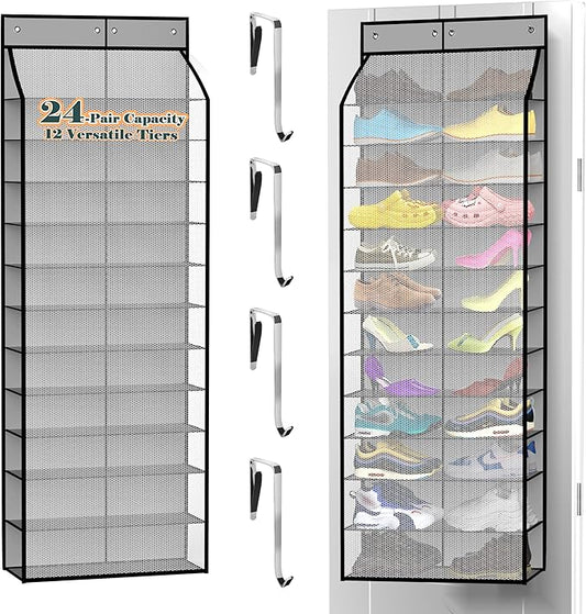 24-Pair Over Door Shoe Organizer for Family & Kids, Double Sided | Hanging Storage for Sneakers, Boots, Toys & Room Organization-Graphite Gray