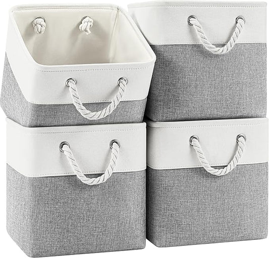 11 Inch Storage Cubes 4-Pack, Foldable Fabric Organizer Bins with Rope Handles, Cube Storage Baskets for Closet Shelves and Home Organization(White/Gray)
