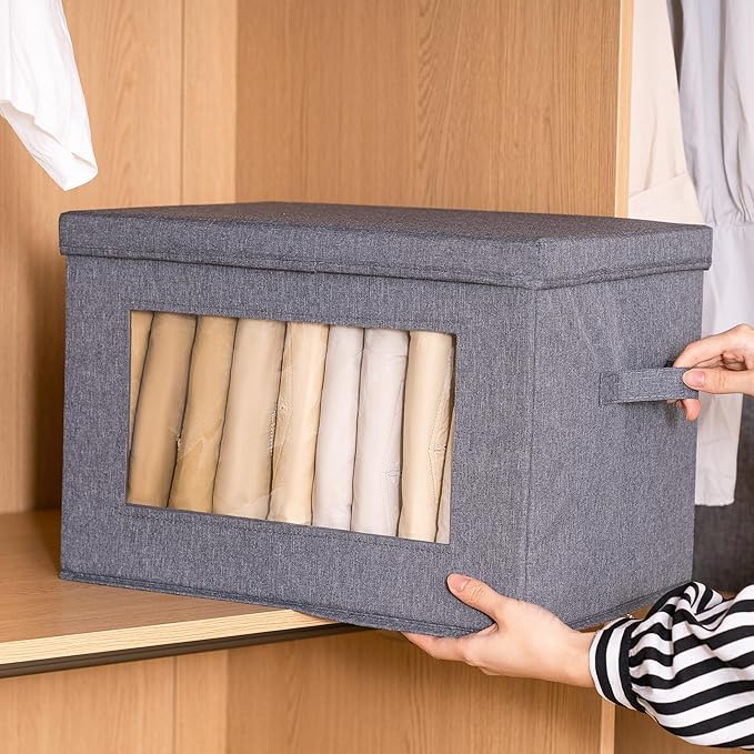 3-Pack Collapsible Storage Bins with Lids, Linen Fabric Foldable Storage Boxes, Cube Closet Organization for Clothes, Blankets and Books, Gray