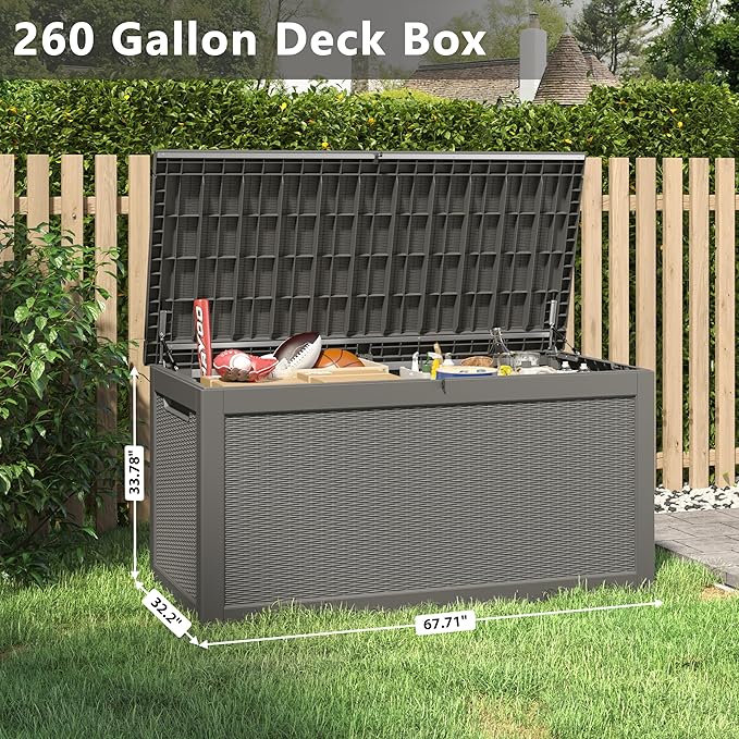 320 Gallon Outdoor Storage Box, Resin Deck Boxes Outdoor Waterproof For Patio Furniture, Garden Tools, Pool Supplies, Lockable And UV Resistant (Rattan Gray)