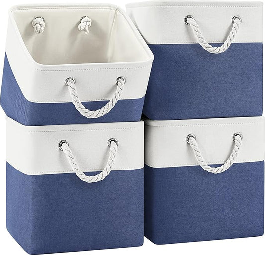 11 Inch Storage Cubes 4-Pack, Foldable Fabric Organizer Bins with Rope Handles, Cube Storage Baskets for Closet Shelves and Home Organization(White/Blue)