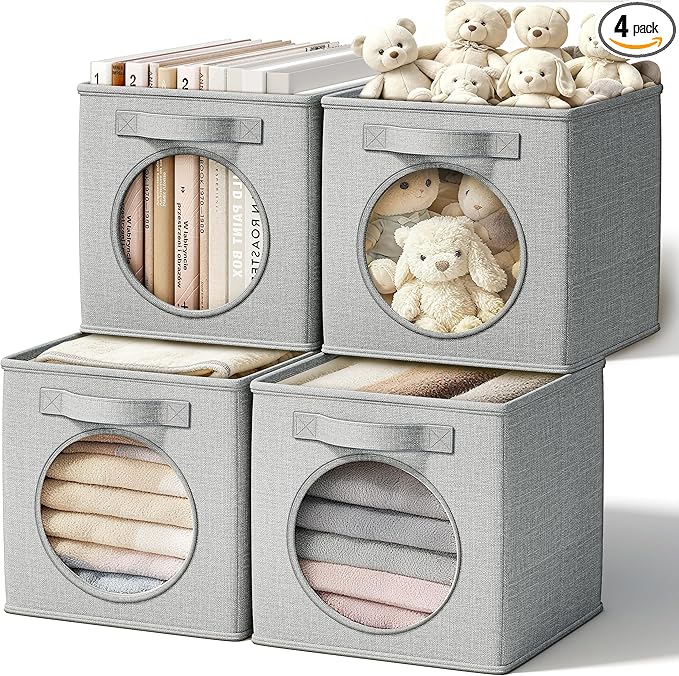 Vailando Foldable Fabric Storage Cube with Round Window - 4 Pack 11"x11"x11" Collapsible Closet Organizer Bins for Clothes, Shelves, Offices, Laundry & Misc, Light Gray