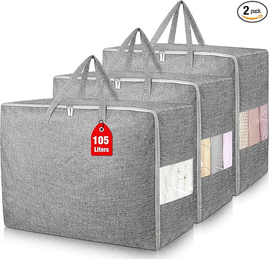 Extra Large Storage Bags, Folding Moving Comforter Blanket Storage Bags Closet Organizers and Storage Containers for Clothes with Clear Window for Bedding Pillow (Grey, 3 x 105L)