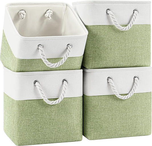 11 Inch Storage Cubes 4-Pack, Foldable Fabric Organizer Bins with Rope Handles, Cube Storage Baskets for Closet Shelves and Home Organization(White/Green)