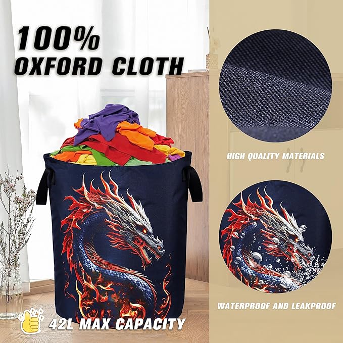 Dragon Laundry Basket Myth Animal Foldable Oxford Cloth Funny Tote Bag Laundry Hamper Clothes Storage Bucket Organizer For Bathroom/Laundry Storage/Bedroom Storage Basket 17.7x13.7Inch