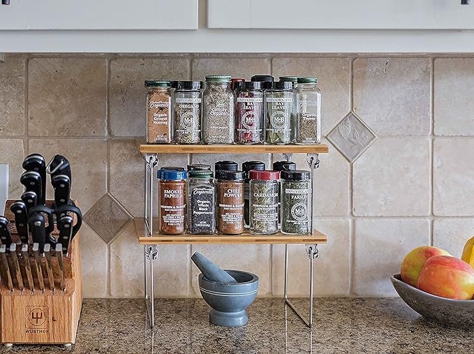 Internet's Best - Stacking Utility Shelf - Bamboo - 2 Shelves - Kitchen Cabinet Closet Organizer and Storage - Small