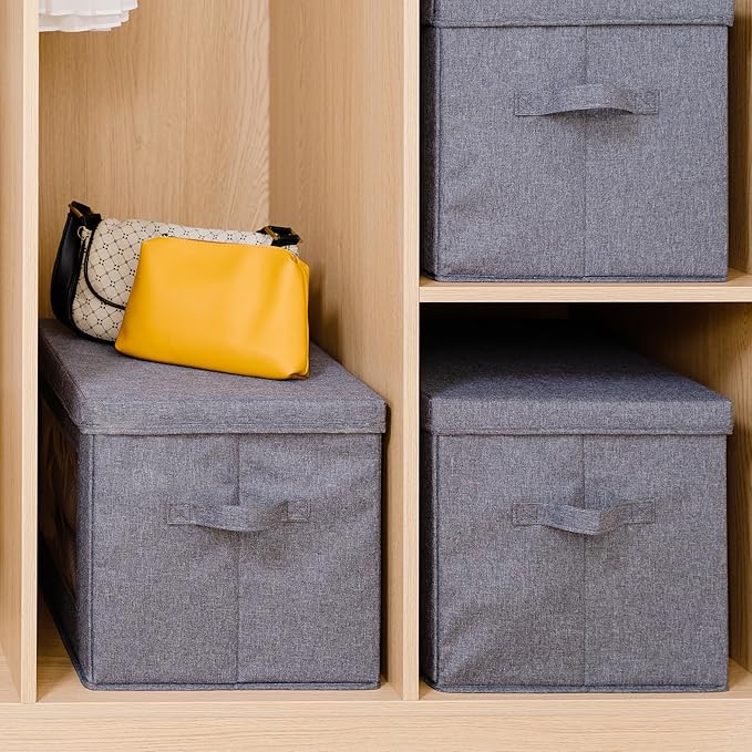 3-Pack Collapsible Storage Bins with Lids, Linen Fabric Foldable Storage Boxes, Cube Closet Organization for Clothes, Blankets and Books, Gray