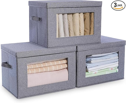 3-Pack Collapsible Storage Bins with Lids, Linen Fabric Foldable Storage Boxes, Cube Closet Organization for Clothes, Blankets, Books, Gray