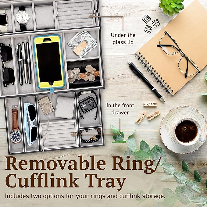 Mens Valet Box Organizer, Large Leather Valet Tray for Men, Mens Valet Tray Organizer with Charging Station, Mens Jewelry Box Organizer for EDC Valet Mens Accessories, Nightstand Bedside Dresser Top