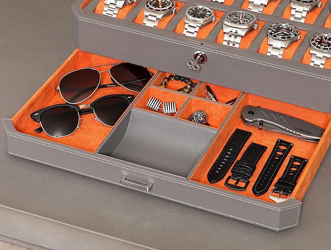 ROTHWELL 12 Slot Leather Watch Box with Valet Drawer - 12 Slot Luxury Watch Case Display Organizer, Microsuede Liner, Mens Accessories Holder, Jewelry Case, Jewelry Display Organizer (Grey/Orange)