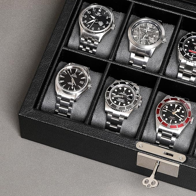 ROTHWELL 10 Slot Leather Watch Box - Luxury Case Display Jewelry Organizer - Locking Watch Display Case Holder with Large Glass Top - Box Organizer for Men and Women (Black/Grey)