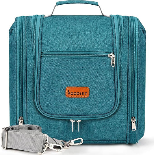 Travel Hanging Toiletry Bag for Women and Men, 6 Organizer Compartments, Holds Full Size Bottles, Extra Large Cosmetic Accessories, Makeup essentials, Bathroom Water-resistant Toiletries Bag, Blue